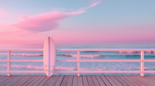 Surfboard on a wooden pier overlooking the ocean at sunset with pink clouds