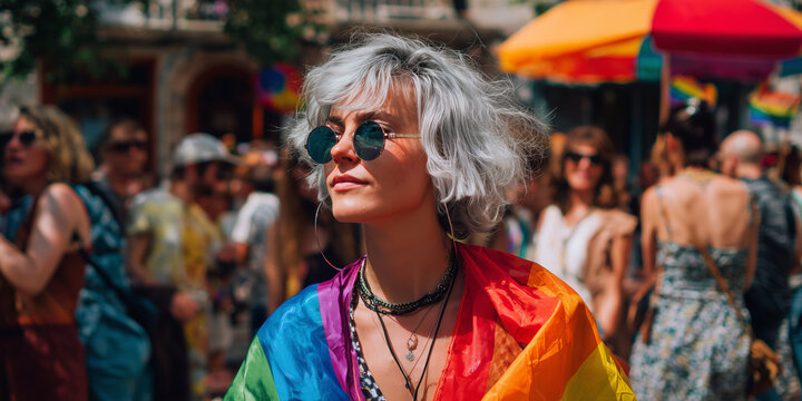 Young woman celebrating lgbtq plus pride with rainbow flag at a festival