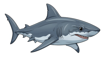 Fototapeta premium The image is a cartoon illustration of a grey and white shark with sharp teeth, swimming to the right