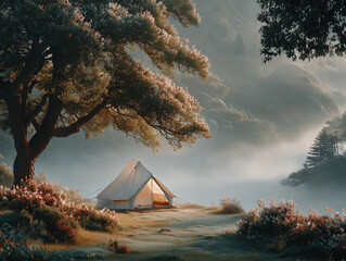 Camping tent stands in a forest clearing at dawn light