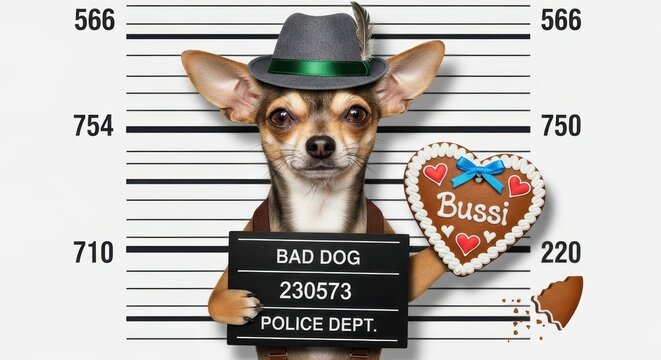 Chihuahua Dog Mugshot with Oktoberfest Hat and Gingerbread Heart