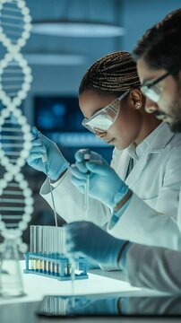 Scientific Endeavors: Two dedicated scientists conduct vital research in a cutting-edge laboratory, peering intently at the intricate details of genetic structures within test tubes.