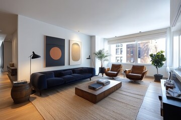 Fototapeta premium Blue sofa paired with barrel chairs, complemented by a floor lamp, against a white wall with art wall decor. Mid-century modern design for a modern living room, Generative AI