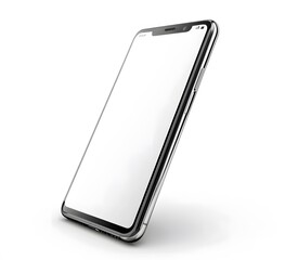 Sleek smartphone with blank white screen, chrome edges, and subt