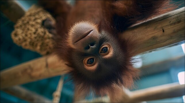 Young orangutan hanging upside down from a wooden beam, with a blurred background of a zoo enclosure
