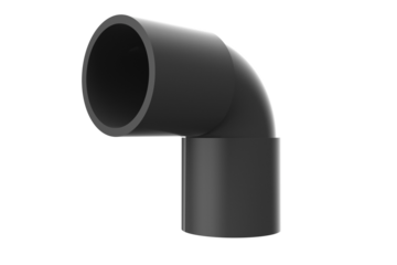 High-Resolution Isolated 90-Degree Black Plastic Pipe Elbow, Essential Plumbing Fitting for Water and Waste Management Systems. Perfect for Engineering, Construction and Home Improvement Projects.