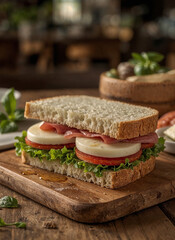 Close-up of a delicious sandwich with mozzarella, tomatoes, salami, lettuce on white bread. Rustic wood setting. Simple & appetizing.