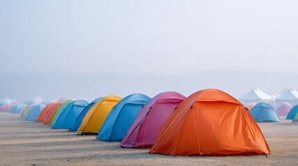 Many colorful tents are standing on the campground during summer travel, creating a vibrant and cheerful atmosphere for outdoor enthusiasts