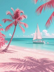 Tropical beach with palm trees and sailboat. 3d render
