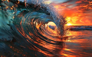 Ocean wave breaking at vibrant sunset creates a mesmerizing aquatic spectacle