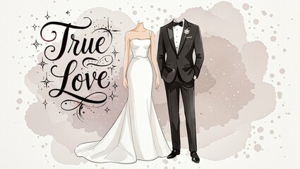 Wedding invitation card with bride and groom. Vector illustration.