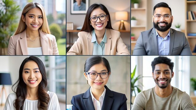 A diverse group of smiling people are participating in a virtual video conference meeting
