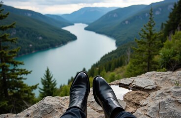 Relaxing view of a mountain lake from a rocky cliff with a person's legs and polished shoes in the foreground