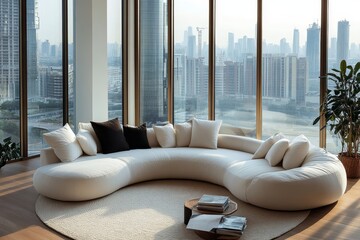Round white sofa in a penthouse with a city view, designed for a chic and modern living room, Generative AI