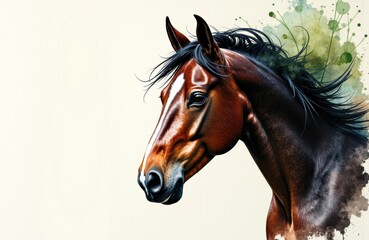 A close-up of a brown horse with a flowing mane and artistic watercolor effects