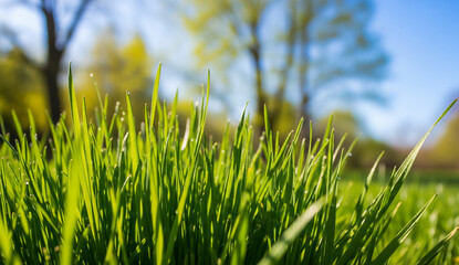 Vibrant green grass bathed in morning sunlight, the grass swaying gently in the breeze in park environment.