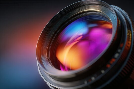 Close up of a camera lens with colorful reflections and bokeh effect