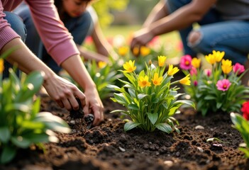 Fototapeta premium Children planting colorful flowers in a garden during daytime for community or educational activity