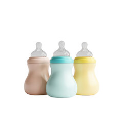 Three pastel colored baby bottles arranged together with clear nipples isolated on transparent background