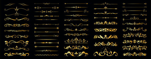 Set of luxurious golden vintage dividers with ornamental flourishes and scrolls, perfect for wedding invitations, branding, certificates, and decoration.