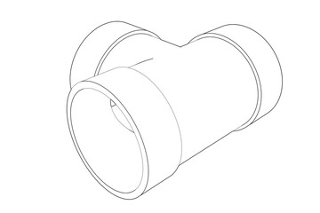 Monochrome Wireframe T-Junction: Essential Technical Drawing for Plumbing and Engineering Designs. Clean Line Art Outline Illustration for Industrial and Architectural Blueprints.