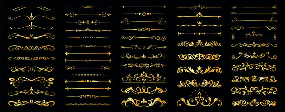 Set of luxurious golden vintage dividers with ornamental flourishes and scrolls, perfect for wedding invitations, branding, certificates, and decoration.