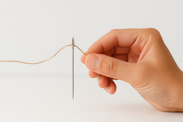 Hand Threading Needle with Brown String on White Background