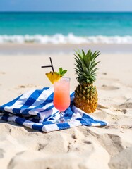 Beach towel and tropical drink on sand