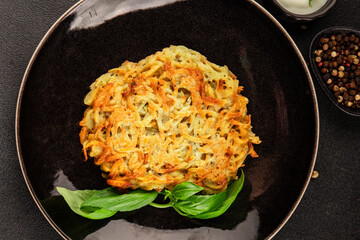 Potato pancakes drainiki potato cutlets vegetable dish fresh delicious gourmet food background on the table rustic food top view copy space vegan and vegetarian food