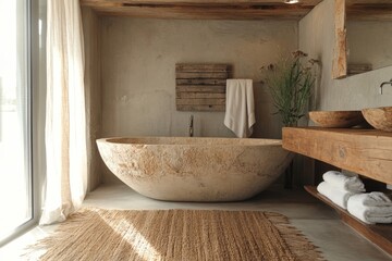 Rustic interior design of a modern bedroom featuring a solid wood log bed and decorative tree trunk accents, Generative AI