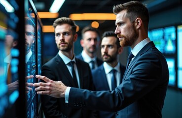 Businessmen in formal suits analyze data on a digital touchscreen display in a high-tech environment