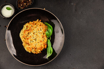 Potato pancakes drainiki potato cutlets vegetable dish fresh delicious gourmet food background on the table rustic food top view copy space vegan and vegetarian food