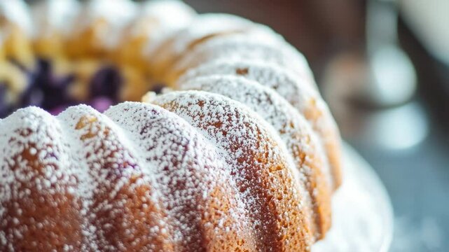 A delicious-looking bundt cake with a generous amount of powdered sugar on top