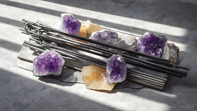 Amethyst and Quartz Crystals with Metal Skewers on Marble Surface