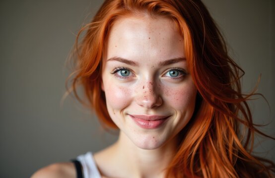 A woman with red hair and blue eyes smiling directly at the camera