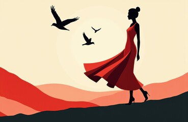 A woman in a red dress walking along a landscape with flying birds in the sky