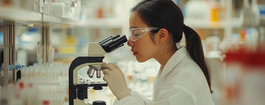 Researcher using microscope to analyze cells in a medical lab, Generative AI