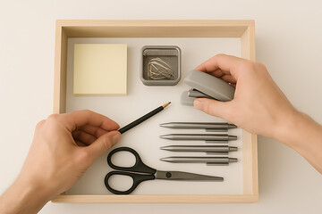 Hands Organizing Office Supplies in Wooden Drawer