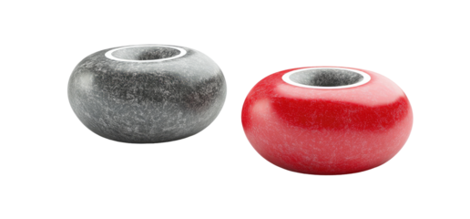 Two round beads, gray and red