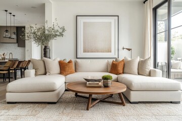 Beige sofa and round end tables placed near a white wall, featuring a large mock-up poster frame. Mid-century modern living room design, Generative AI