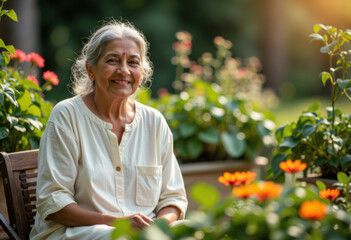 Elderly woman with gray hair smiling in a lush garden filled with colorful flowers