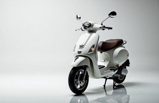 A white vintage-style scooter with a brown seat is displayed against a plain light gray background