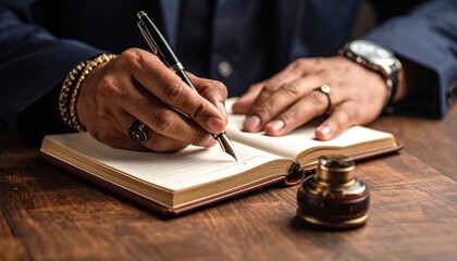 Man Writing In Notebook With Pen On Wooden Table