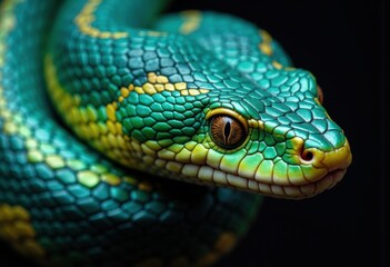 Fototapeta premium Close-up of a vibrant turquoise and yellow snake with detailed scales and striking eye