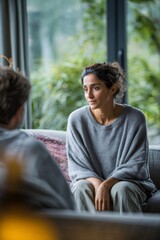 Sad woman talking with psychologist during therapy session, sitting on sofa and sharing her problems