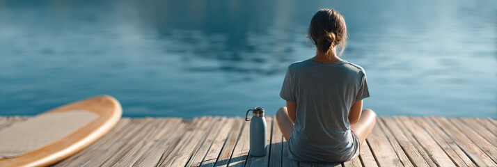 Young woman enjoying a peaceful moment on a wooden pier. Paddle board nearby. Reusable water bottle at her side. Embodying the work and travel lifestyle of a digital nomad seeking freedom and balance