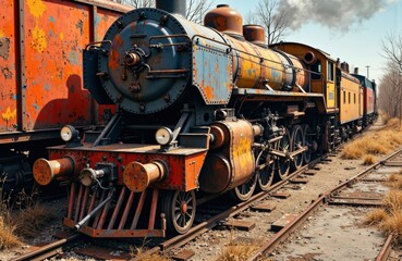 Naklejka premium Rusty vintage steam locomotive on railway tracks in outdoor setting