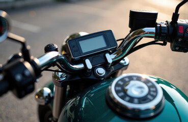 Close-up of a motorcycle handlebar with digital display and control buttons on a sunny day
