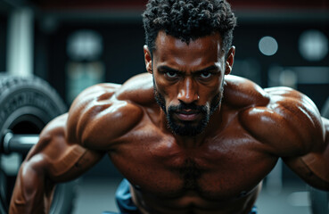 Fototapeta premium Intense muscular man with focused expression during workout in a gym setting