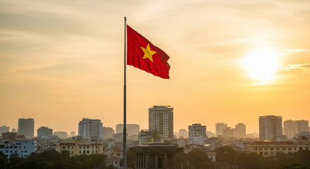Vietnam's Flag at Sunset Over Hanoi's Skyline, A Serene View of the Capital City at Golden Hour Under a Bright Sky